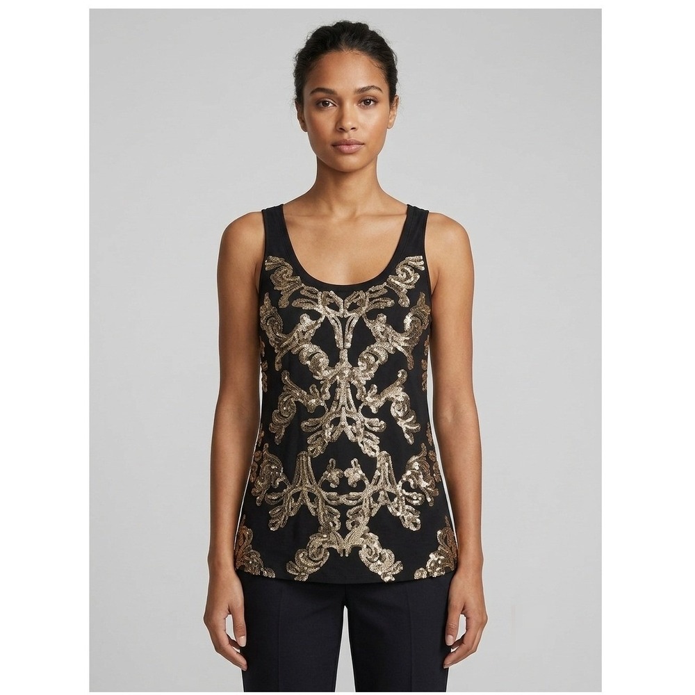 Express Sequin Tank Top Women Small Black Gold Embellished Sleeveless Scoop Neck